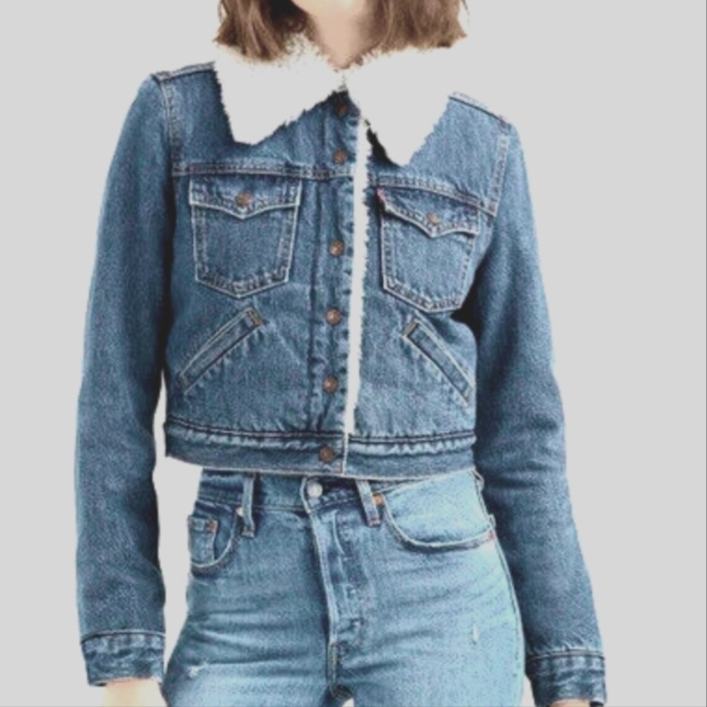 Levi's Blue Cropped Denim Jacket with White Faux Shearling Collar
